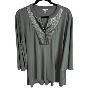 Cato Women's Tunic Top Blouse Size XL Gray w/Sequins 3/4 Sleeves